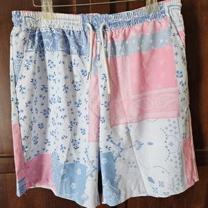 SHEIN MEN Drawstring Waist Shorts Pink White Blue Handkerchief Pattern XXL